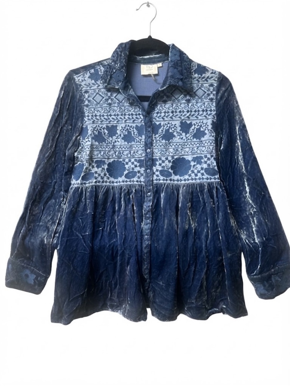 Anthropologie HD in Paris Teza Blue Velvet Embroidered Babydoll Blouse Top XS EU